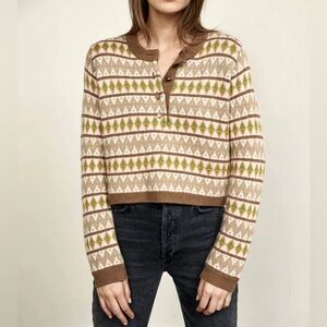 La Ligne 100% Merino Wool Courchevel Fair Isle Henley Knit Sweater Tan Large